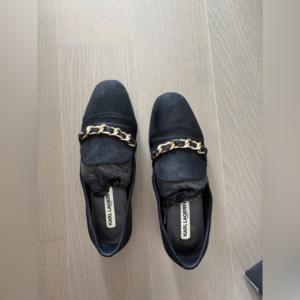 Karl Lagerfeld Black Suede Loafers with Gold Chain, size 6